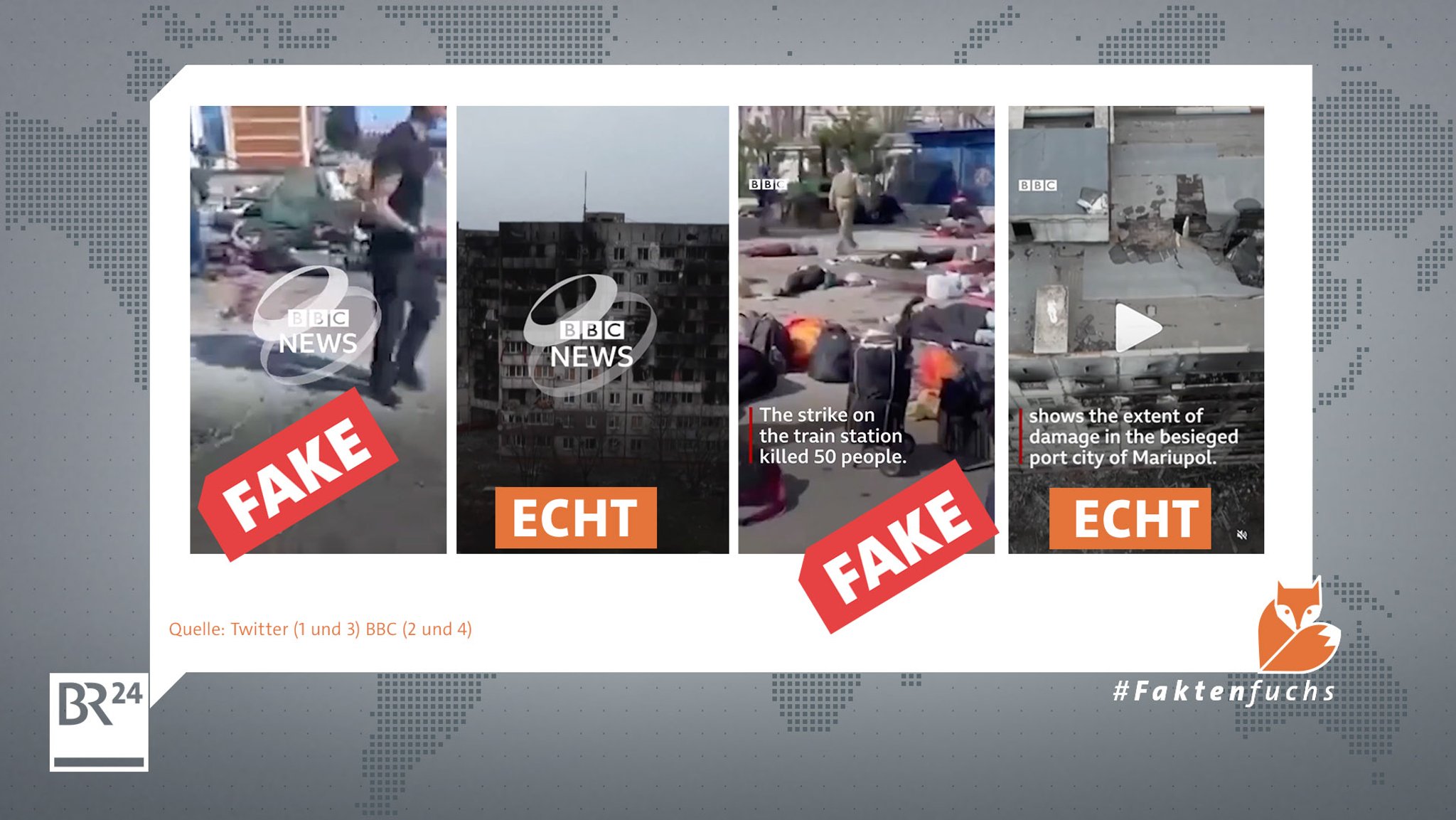 Der Vergleich von Fake-Video und einem echten BBC-Video zeigen: Logo und Schrifteinblendungen sind augenscheinlich identisch.