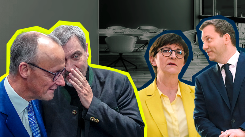 Verhandeln über eine neue Regierung (von links): Friedrich Merz (CDU), Markus Söder (CSU), Saskia Esken und Lars Klingbeil (beide SPD). | Bild: dpa-Bildfunk/Michael Kappeler; PA/dpa/Kay Nietfeld; Stockphoto; Bearbeitung: BR Verhandeln über eine neue Regierung (von links): Friedrich Merz (CDU), Markus Söder (CSU), Saskia Esken und Lars Klingbeil (beide SPD).