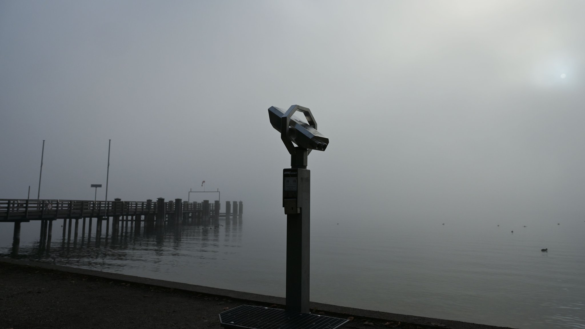 Eine dicke Nebelschicht schwebt über dem Starnberger See. Am Ufer in Tutzing steht ein fest montiertes Aussichtsglas, das in Richtung Steg zeigt. | Bild: dpa-Bildfunk/Malin Wunderlich Eine dicke Nebelschicht schwebt über dem Starnberger See. Am Ufer in Tutzing steht ein fest montiertes Aussichtsglas, das in Richtung Steg zeigt.
