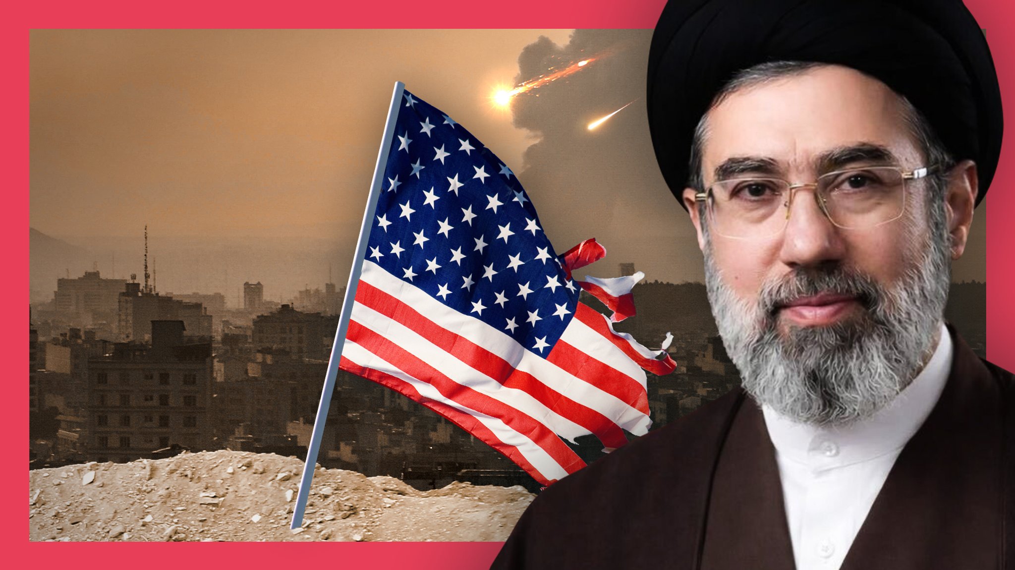 Rechts ein Mann mit Bart und Turban, es ist der Oberste Führer des Iran Modschtaba Hosseini Chamenei, links daneben eine zerschlissene USA-Flagge; im Hintergrund Raketen über Teheran.
