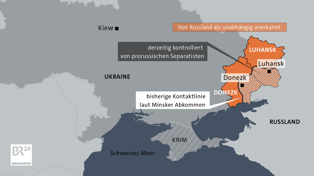 Die Separatisten-Regionen Donezk und Luhansk liegen im Osten der Ukraine. Dort ereigneten sich auch die Vorfälle im Vorfeld des Krieges. 
