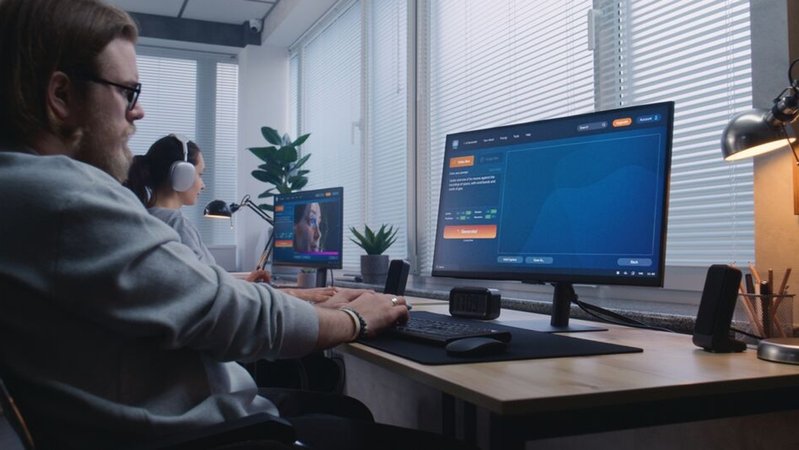 Ein Mann macht eine Eingabe in einen KI-Videogenerator auf seinem Computer, im Hintergrund arbeitet eine Kollegin am PC. | Bild: stock.adobe.com/Framestock Ein Mann macht eine Eingabe in einen KI-Videogenerator auf seinem Computer, im Hintergrund arbeitet eine Kollegin am PC.