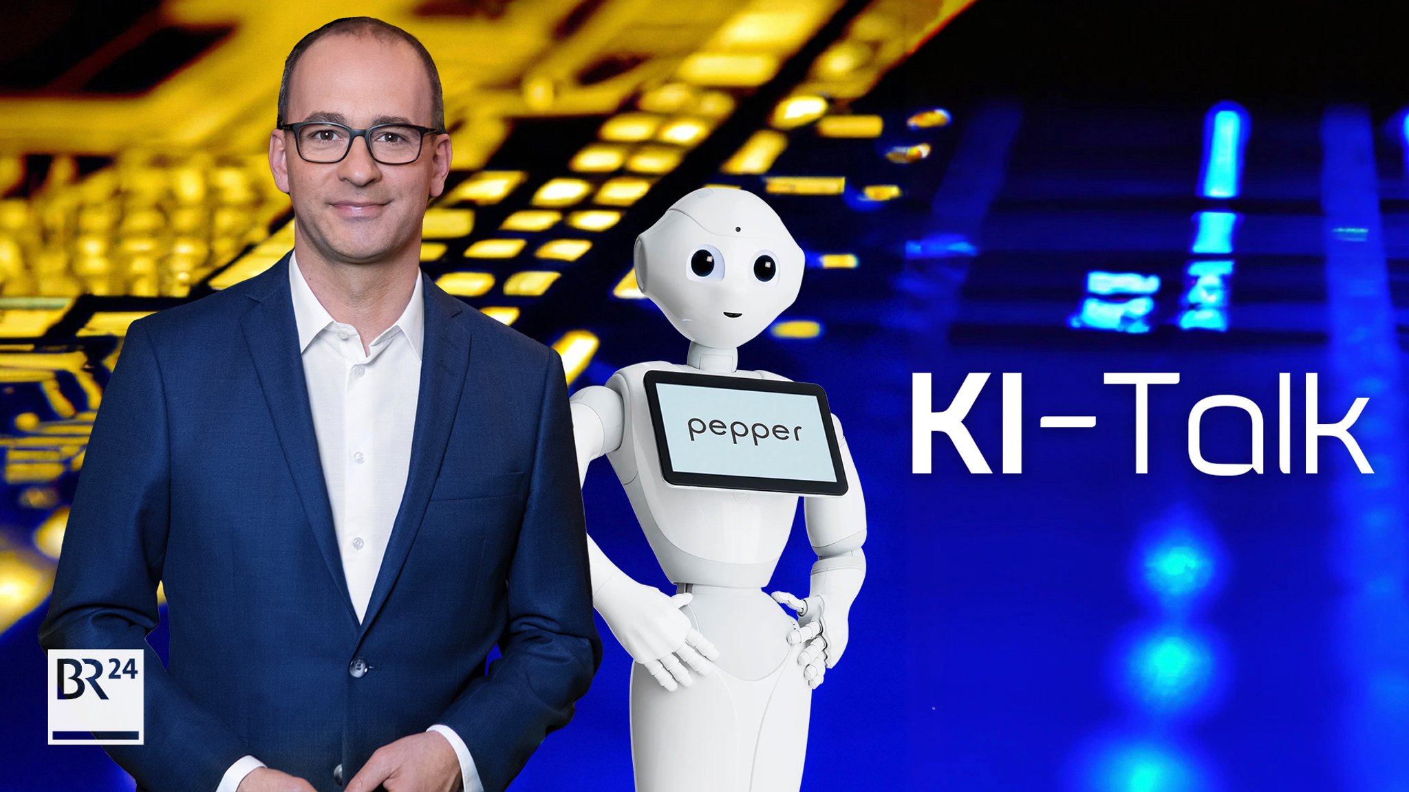 Auftakt der Serie BR24live KI-Talk mit BR-Chefredakteur Christian Nitsche und Roboter Pepper.