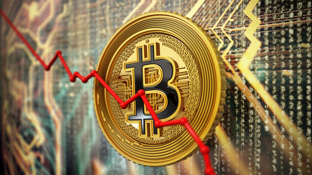 Bitcoin Price Falling concept, Bitcoin digital cryptocurrency on technology background. 3D illustration. 