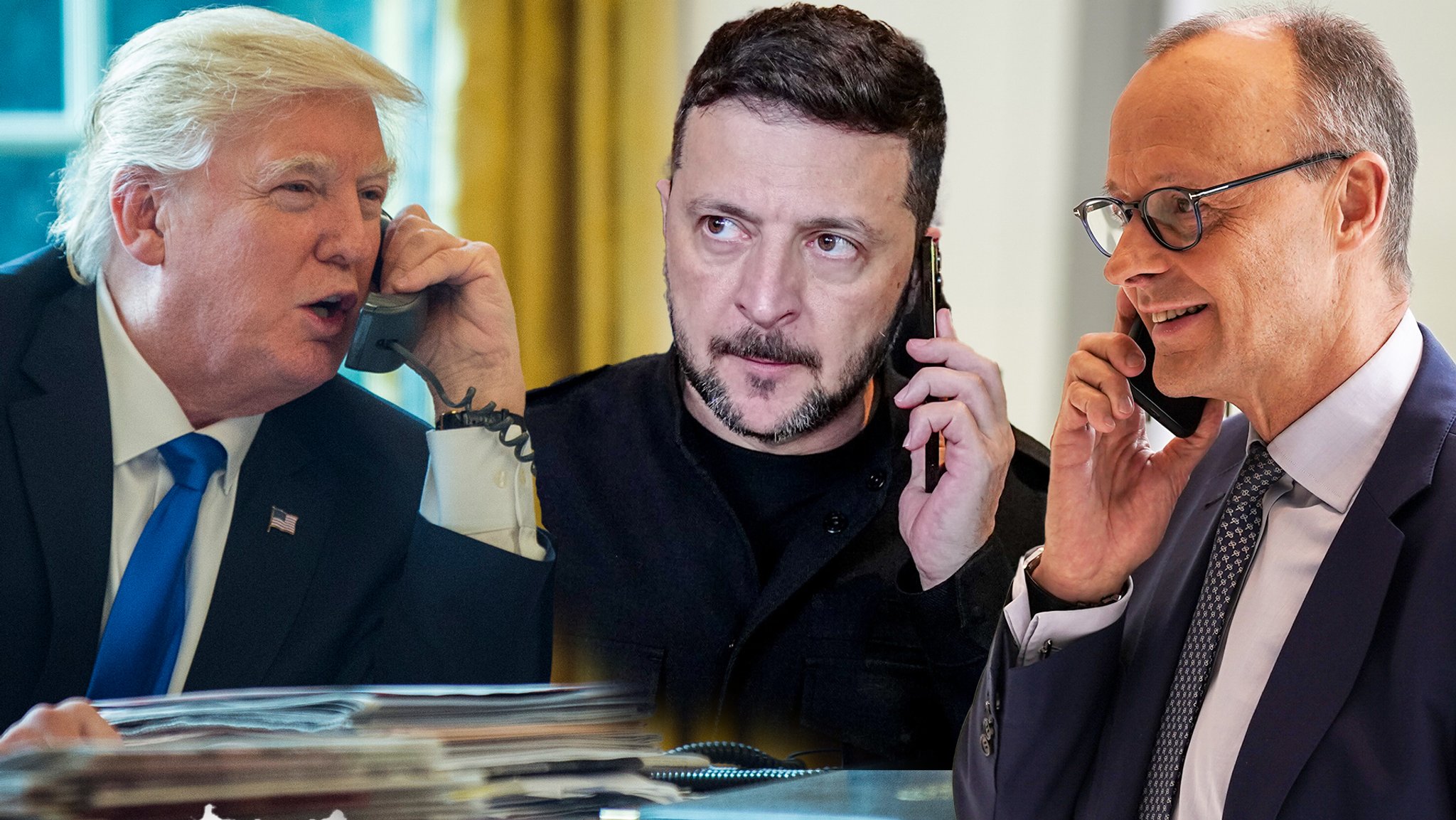 Symbolbild zur Videokonferenz der drei Regierungschefs: Donald Trump (li.), Wolodymyr Selenskyj (Mi.), Friedrich Merz (re.)