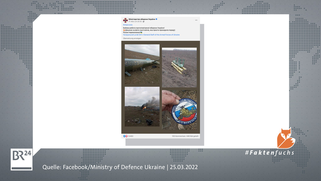 Ein Facebook-Posting des Verteidigungsministeriums der Ukraine: Es sind mehrere Bilder des abgeschossenen Helikopters zu sehen.