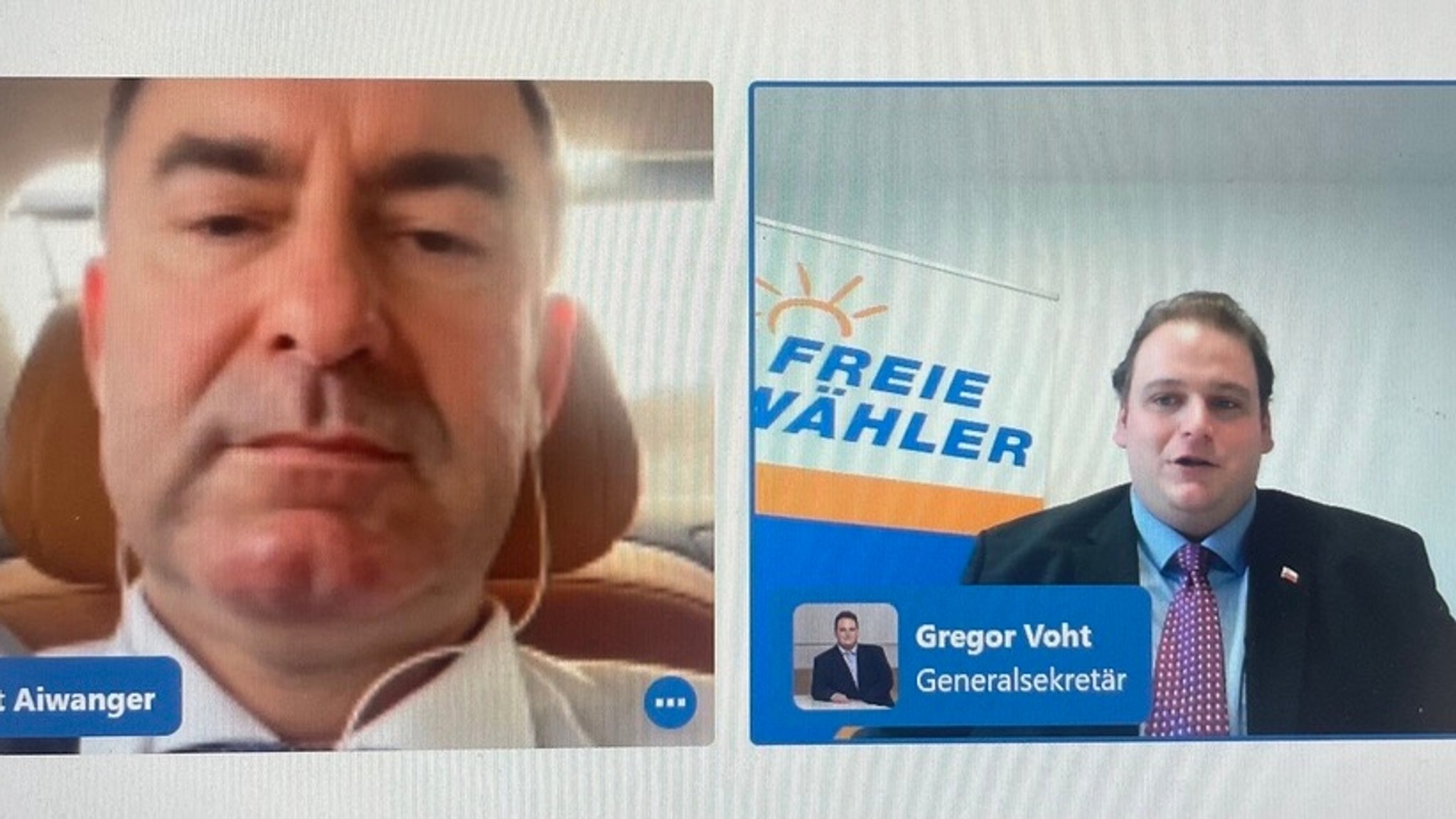 Hubert Aiwanger wird aus dem Auto zum digitalen Parteitag der Freien Wähler zugeschaltet