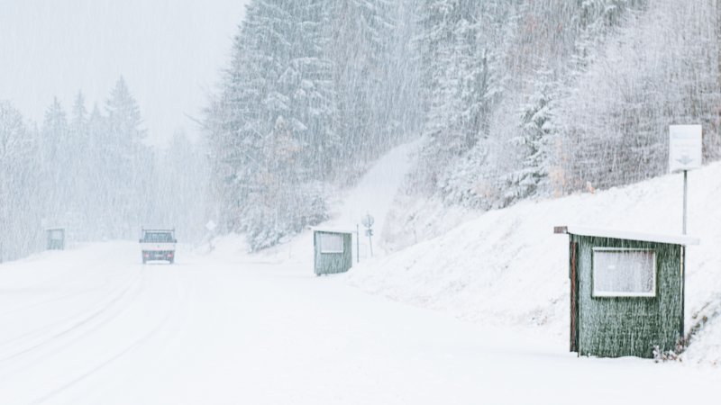Kleinlaster fährt bei Schneefall auf schneebedeckter Straße durch einen Wald | Bild: news5 Kleinlaster fährt bei Schneefall auf schneebedeckter Straße durch einen Wald