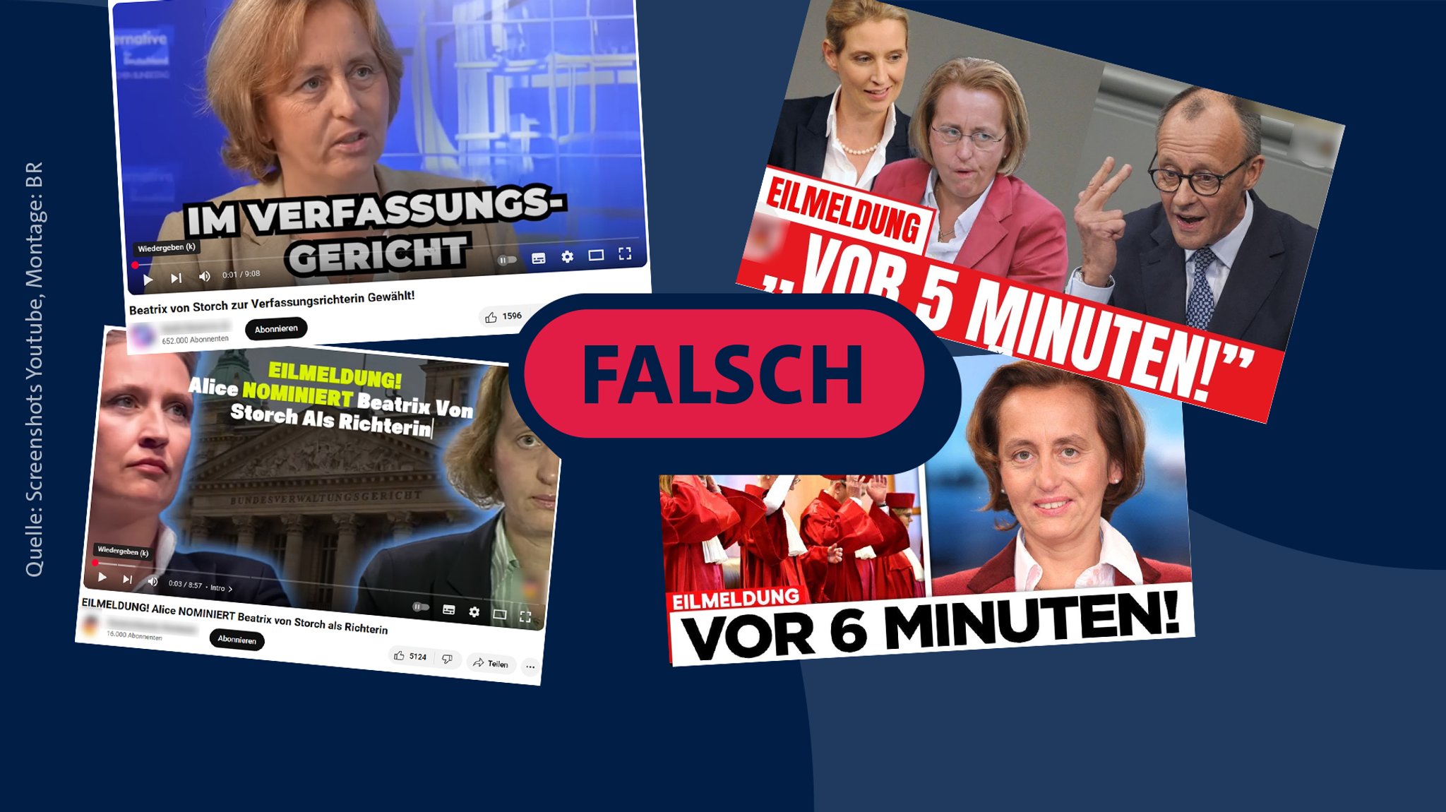 Die Aufmachung als angebliche Eilmeldung täuscht Usern Aktualität vor und soll der Falschmeldung Glaubwürdigkeit verleihen. | Bild: Screenshots: YouTube, Montage: BR Die Aufmachung als angebliche Eilmeldung täuscht Usern Aktualität vor und soll der Falschmeldung Glaubwürdigkeit verleihen.