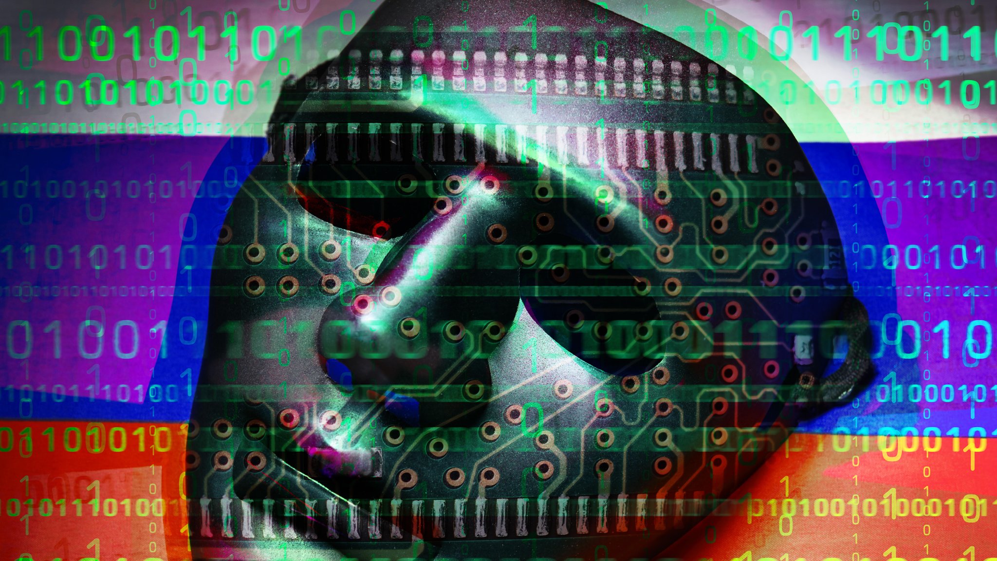 Schwarze Maske auf russischer Fahne und Binärcode, Symbolfoto russischer Cyberangriff