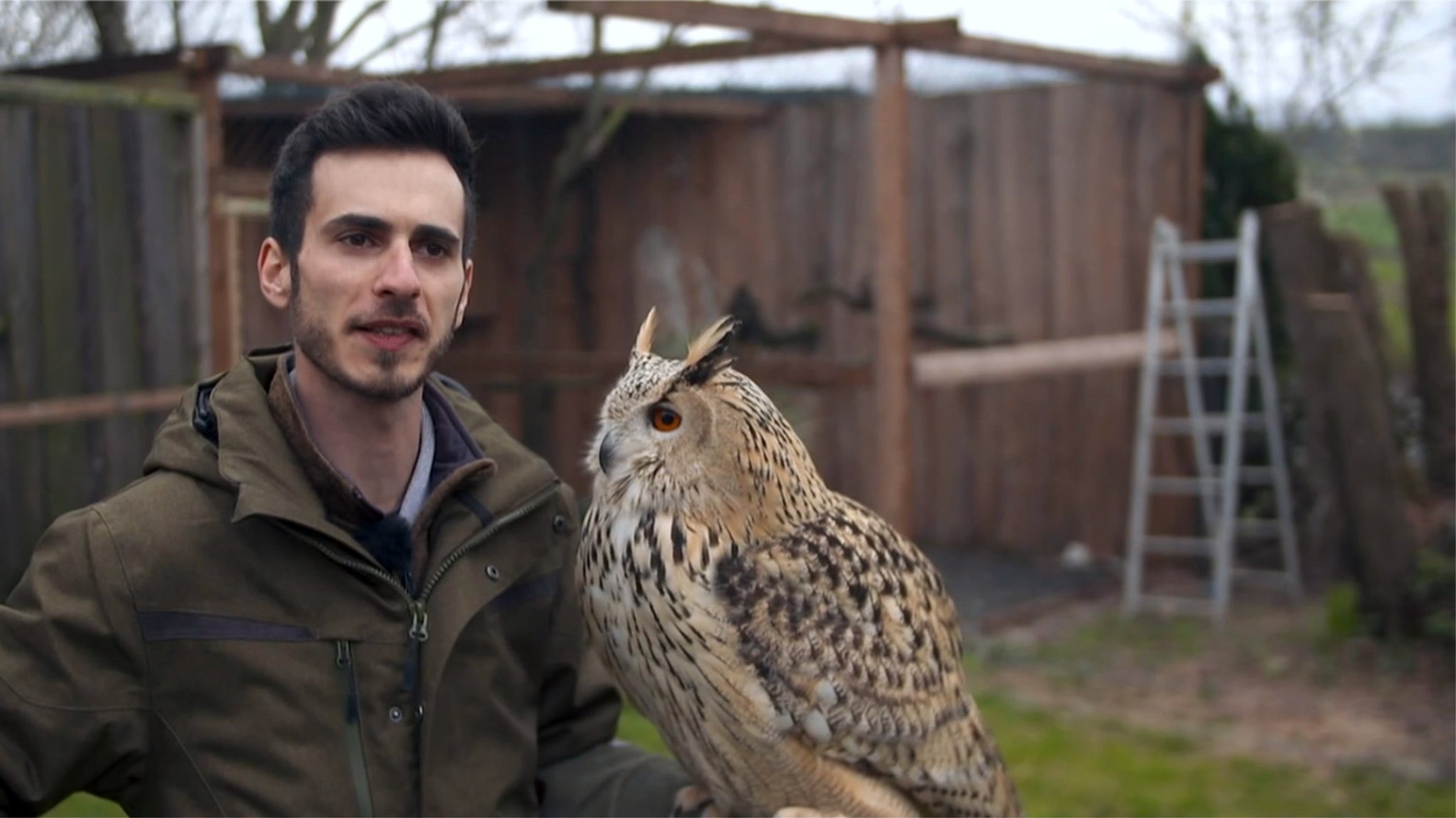 Danilo Batz mit einem Uhu auf dem Arm