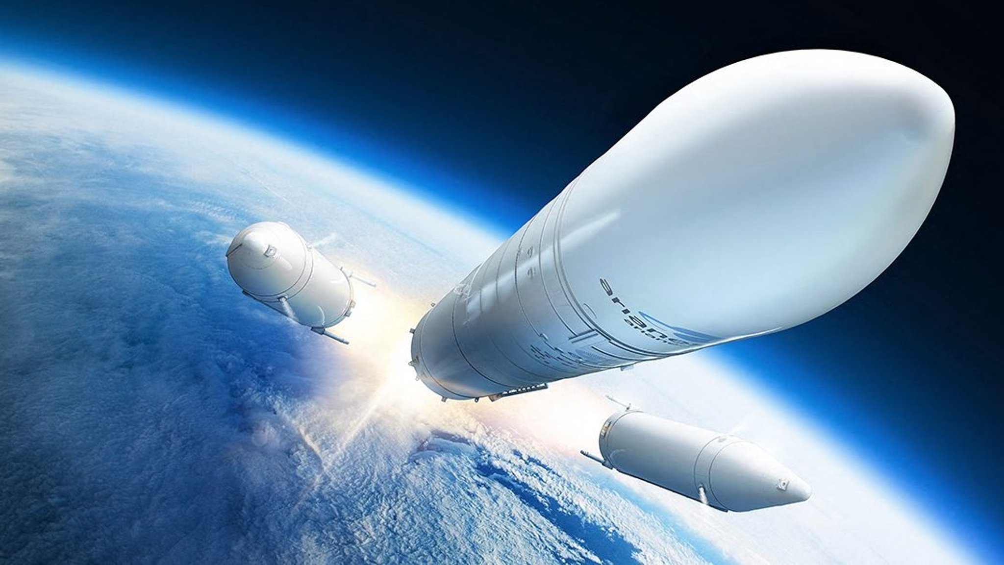 Die Illustration zeigt die Ariane 6-Rakete auf dem Weg ins All. Im Hintergrund befindet sich die Erde. 