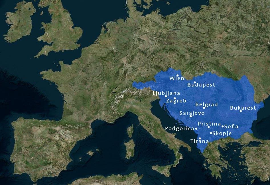 Die Hauptstädte des Berichtsgebiets  des ARD-Studios Südosteuropa - auf der Landkarte