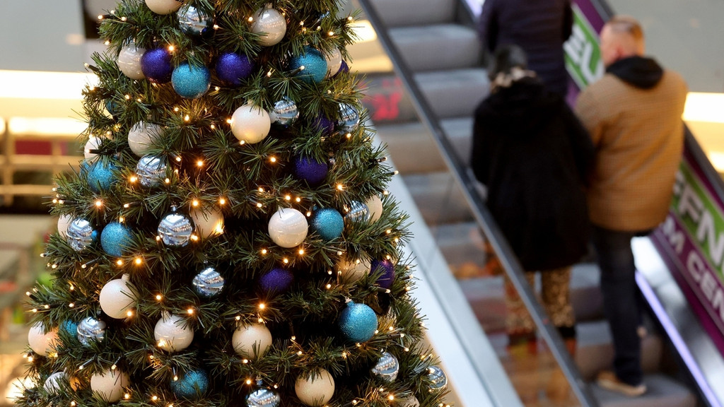 Einkaufen im Advent: Ein Weihnachtsbaum in einem Laden, im Hintergrund eine Rolltreppe