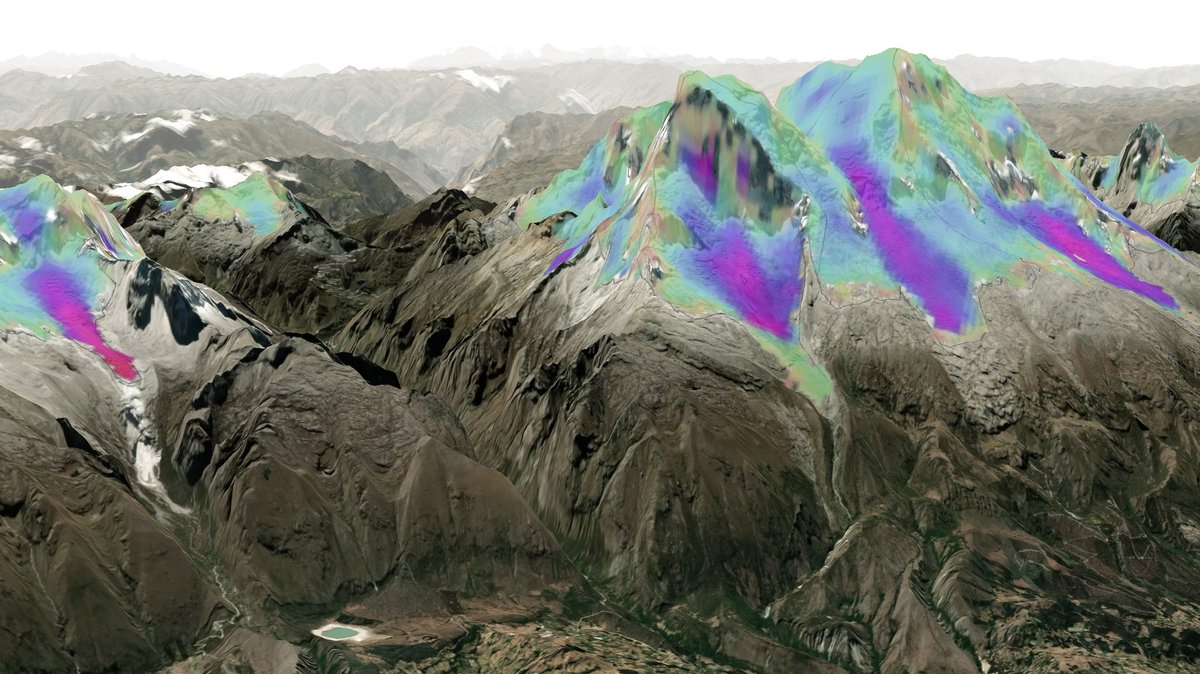 Ausschnitt der Anden mit einer Einfärbung gemäß  Gletscher-Fließgeschwindigkeit