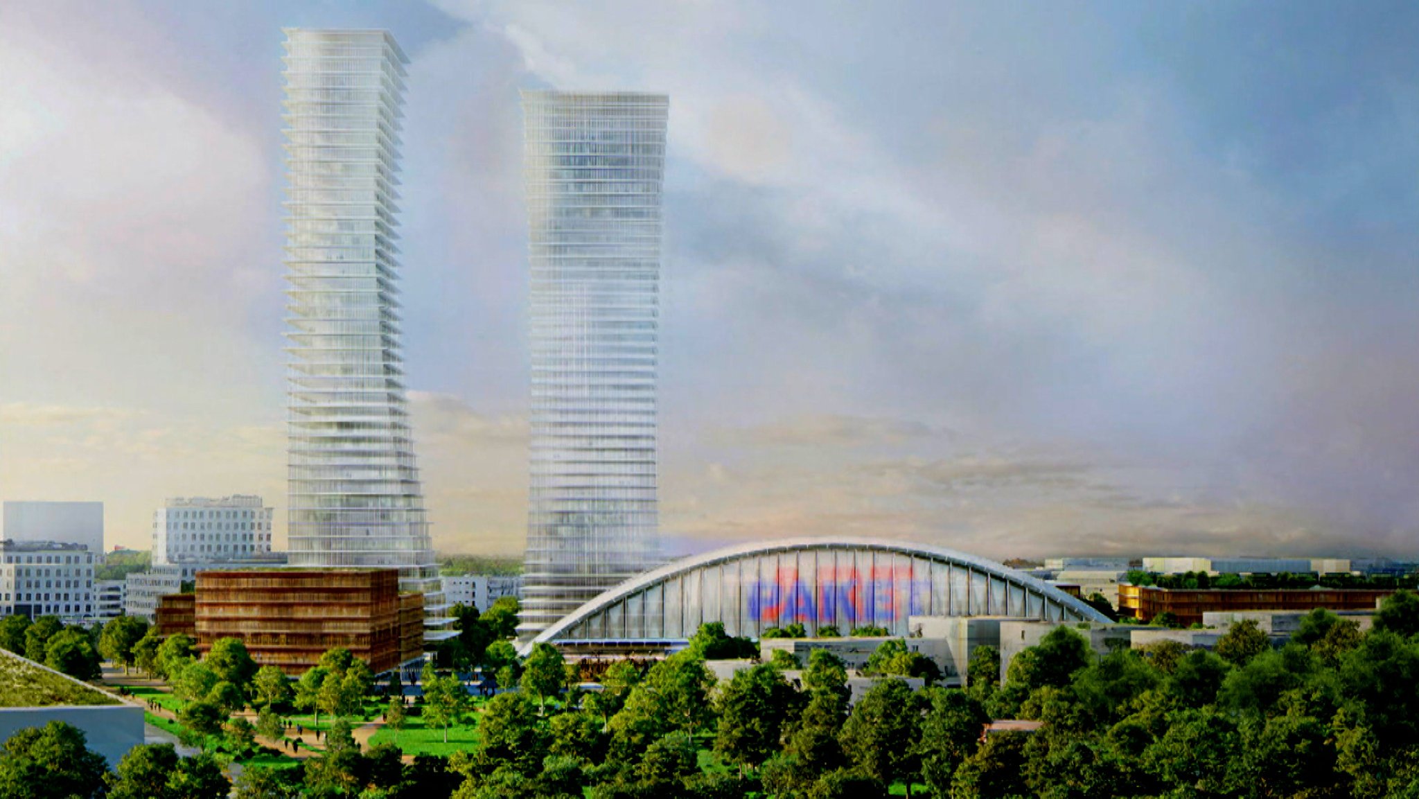 Computerdarstellung zweier Hochhaus-Türme neben der bestehenden Paketposthalle in München. 