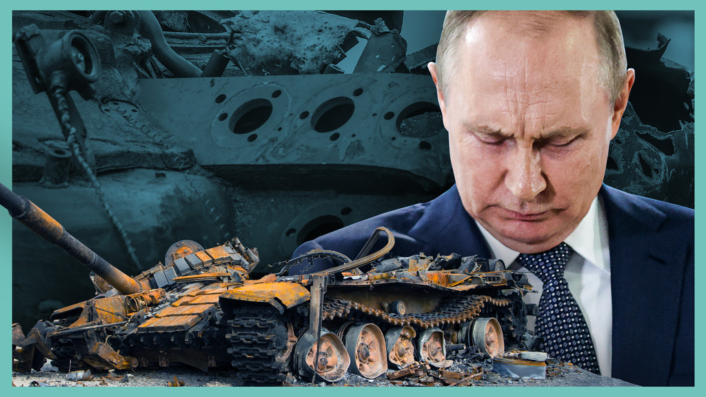 Geht Russland im Ukraine-Krieg die Luft aus? In der Bildmontage: Ein zerstörter russischer Panzer im Vordergrund, im Hintergrund ein Bild des russischen Präsidenten Wladimir Putin. 