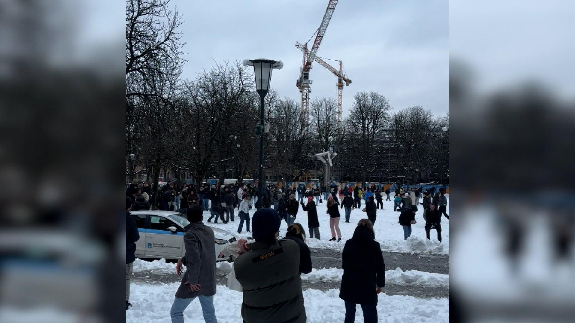 Die Wiese vor der Alten Pinakothek in München wurde zum Schauplatz einer Massen-Schneeballschlacht mit über 300 Teilnehmern. 