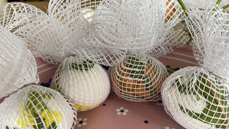 Vier Eier mit Blüten und Blättern liegen in dem Gardinennetz.