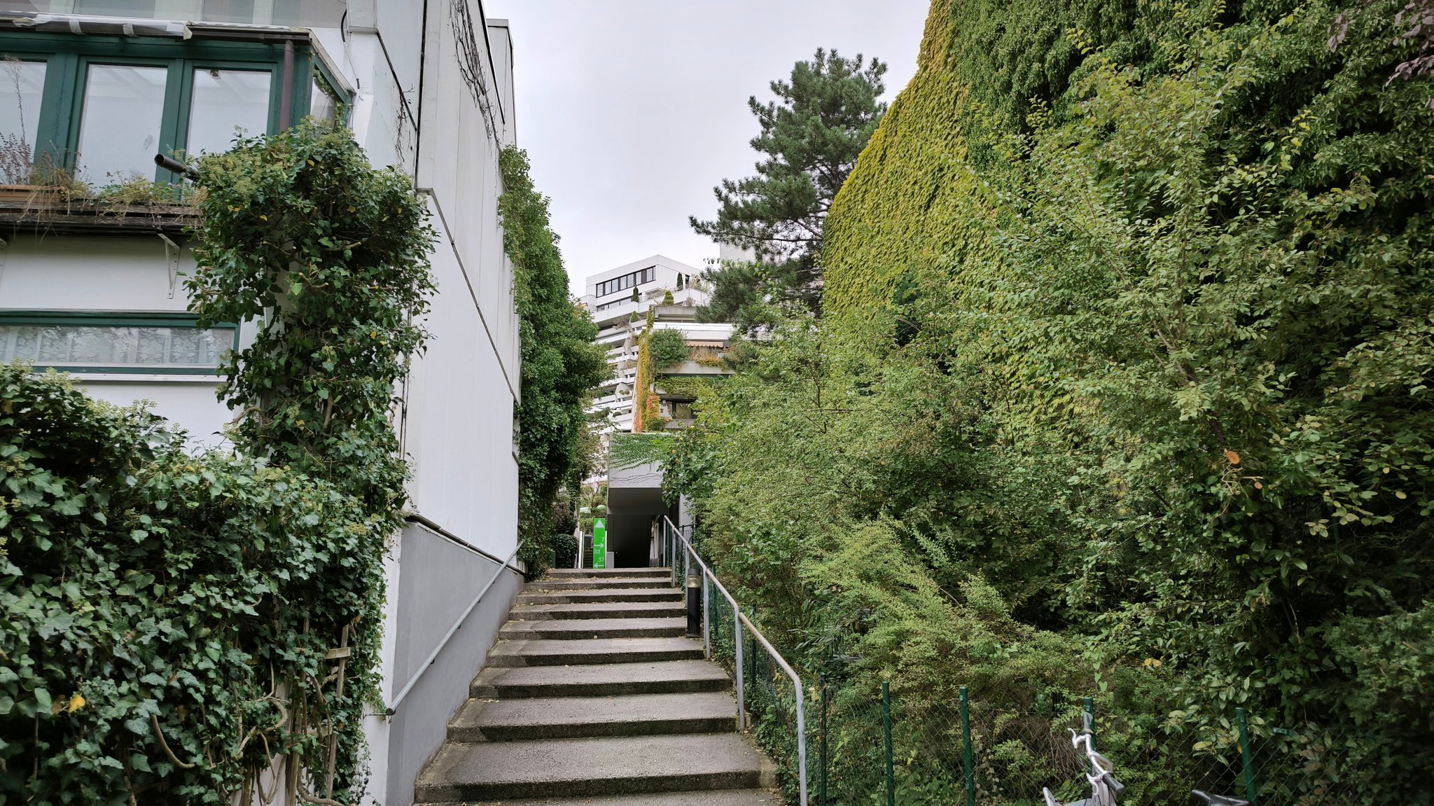 Eine Treppe im Olympiadorf mit viel Grün