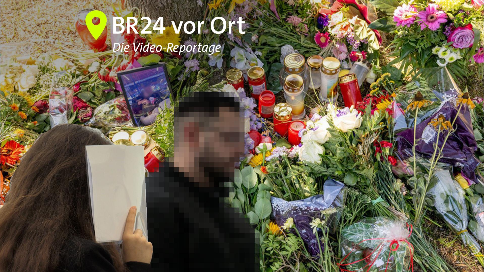 Blumen und Kerzen für die Tote an dem Ort, an dem sie gefunden wurde. Im Vordergrund die beiden Angeklagten: Sie verdeckt das Gesicht mit Papieren, er ist gepixelt. Am Landgericht Ingolstadt wird das Urteil im sogenannten Doppelgängerinnen-Mordprozess erwartet. 