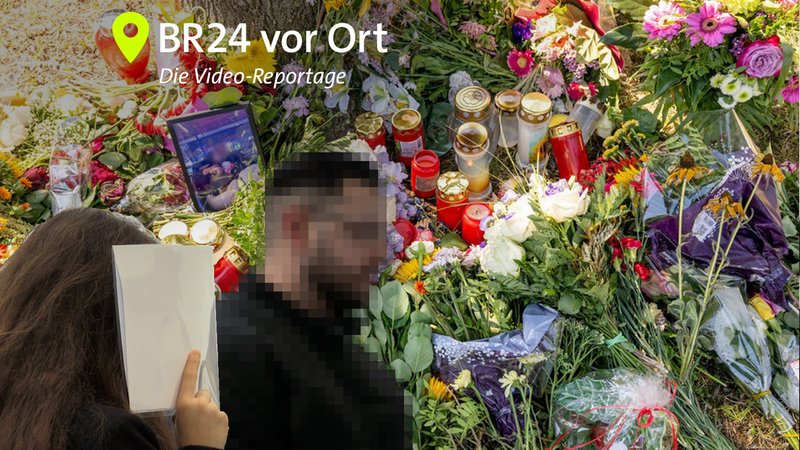 Blumen und Kerzen für die Tote an dem Ort, an dem sie gefunden wurde. Im Vordergrund die beiden Angeklagten: Sie verdeckt das Gesicht mit Papieren, er ist gepixelt. Am Landgericht Ingolstadt wird das Urteil im sogenannten Doppelgängerinnen-Mordprozess erwartet. | Bild: dpa/Peter Kneffel/BR/Daniela Olivares/Montage: BR Blumen und Kerzen für die Tote an dem Ort, an dem sie gefunden wurde. Im Vordergrund die beiden Angeklagten: Sie verdeckt das Gesicht mit Papieren, er ist gepixelt. Am Landgericht Ingolstadt wird das Urteil im sogenannten Doppelgängerinnen-Mordprozess erwartet.