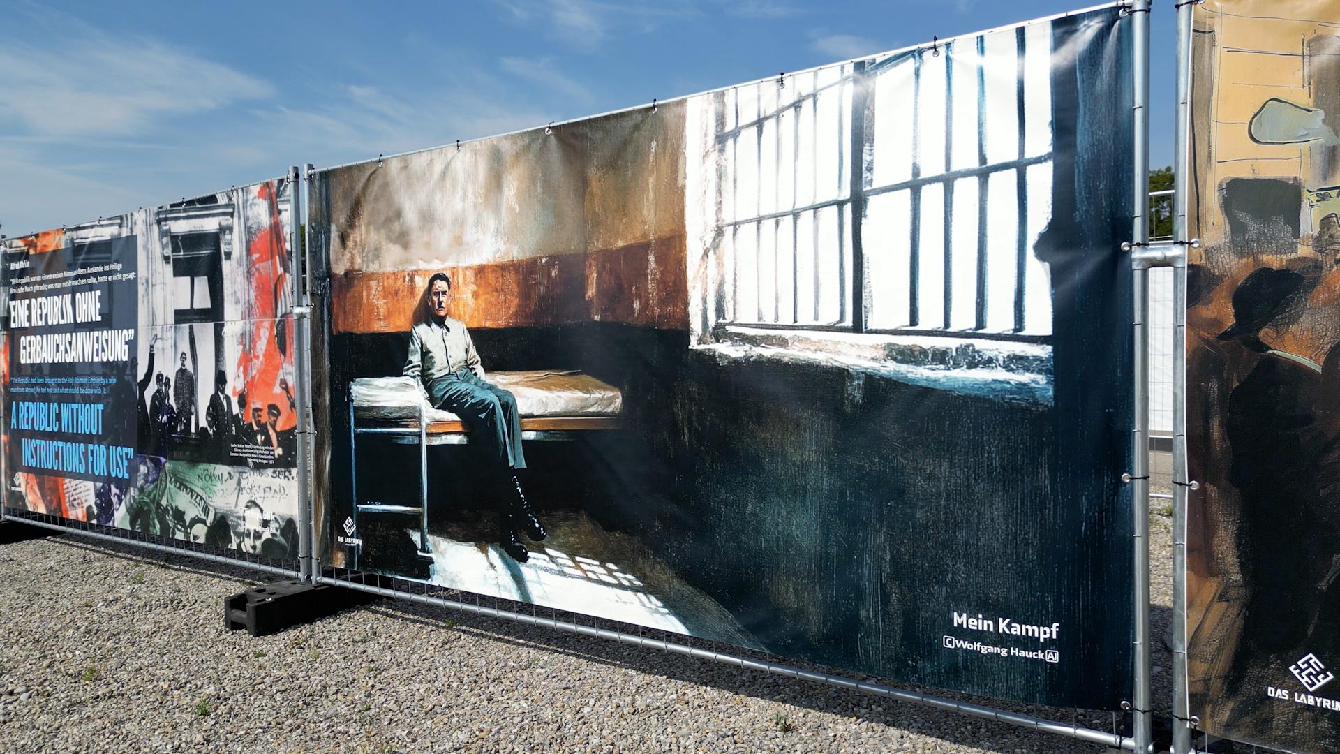 Banner mit einem Bildnis Hitlers in seiner Gefängniszelle in Landsberg, montiert an einem Bauzaun-Segment