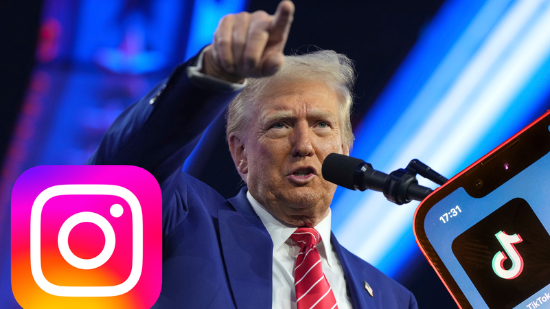 US-Präsident Donald Trump in einer Fotomontage mit einem Instagram-Logo und einem Smartphone, auf dem die TikTok-App zu sehen ist. Trump zeigt mit einem erhobenen Zeigefinger in die Luft. | Bild: dpa-Bildfunk/Rick Scuteri; Jens Kalaene. Logo: Instagram. Montage: BR US-Präsident Donald Trump in einer Fotomontage mit einem Instagram-Logo und einem Smartphone, auf dem die TikTok-App zu sehen ist. Trump zeigt mit einem erhobenen Zeigefinger in die Luft.