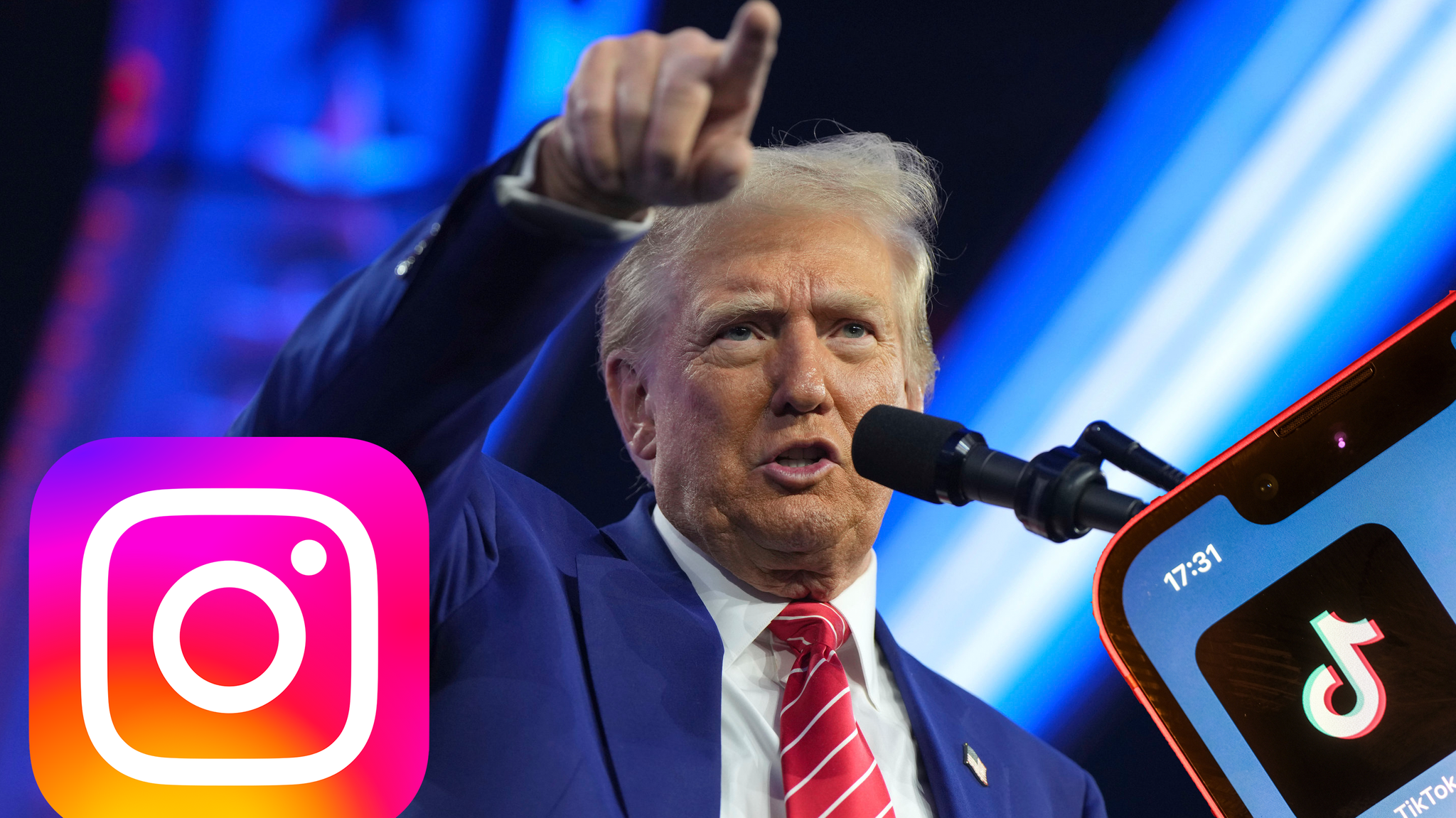 US-Präsident Donald Trump in einer Fotomontage mit einem Instagram-Logo und einem Smartphone, auf dem die TikTok-App zu sehen ist. Trump zeigt mit einem erhobenen Zeigefinger in die Luft.