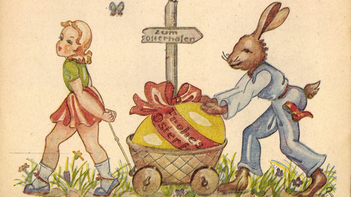 Ein kleines Mädchen und ein Hase fahren ein großes Osterei in einem Wagen. Historische Illustration.