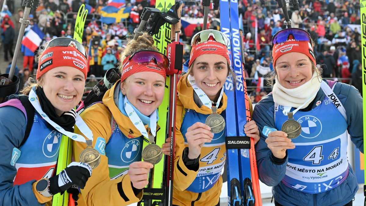 Biathlon-WM 2024: Janina Hettich-Walz, Selina Grotian, Vanessa Voigt und Sophia Schneider (v.l.)
