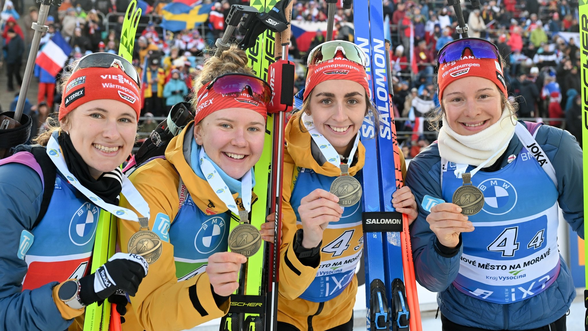 Biathlon-WM 2024: Janina Hettich-Walz, Selina Grotian, Vanessa Voigt und Sophia Schneider (v.l.)