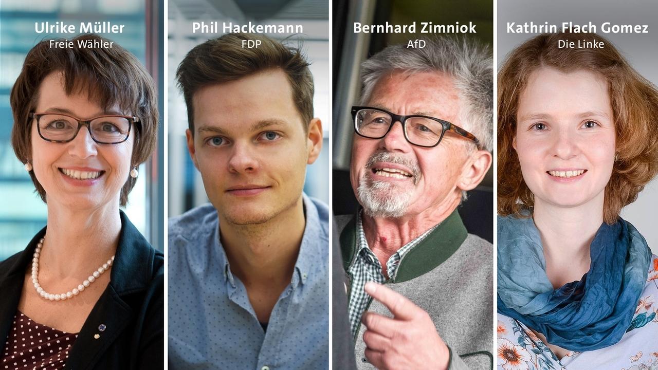 Fotomontage der vier Spitzenkandidaten: Ulrike Müller (Freien Wähler), Phil Hackemann (FDP), Bernhard Zimniok (AfD), Katrhin Flach Gomez (Die Linke) | Bild: Ulrike Müller MdEP, James Zabel, picture alliance/ZUMA Press/Sachelle Babbar, Die Linke Kreisverband Nürnberger Land Fotomontage der vier Spitzenkandidaten: Ulrike Müller (Freien Wähler), Phil Hackemann (FDP), Bernhard Zimniok (AfD), Katrhin Flach Gomez (Die Linke)