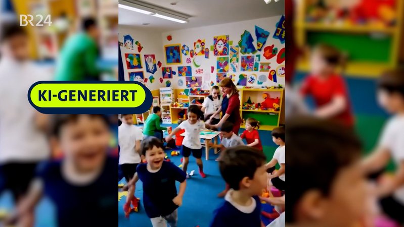 Ein mit KI-Werkzeugen erstelltes Video der AfD Brandenburg zeigt eine Szene in einer Kita. | Bild: instagram.com/afd_brandenburg, Bearbeitung: BR Ein mit KI-Werkzeugen erstelltes Video der AfD Brandenburg zeigt eine Szene in einer Kita.