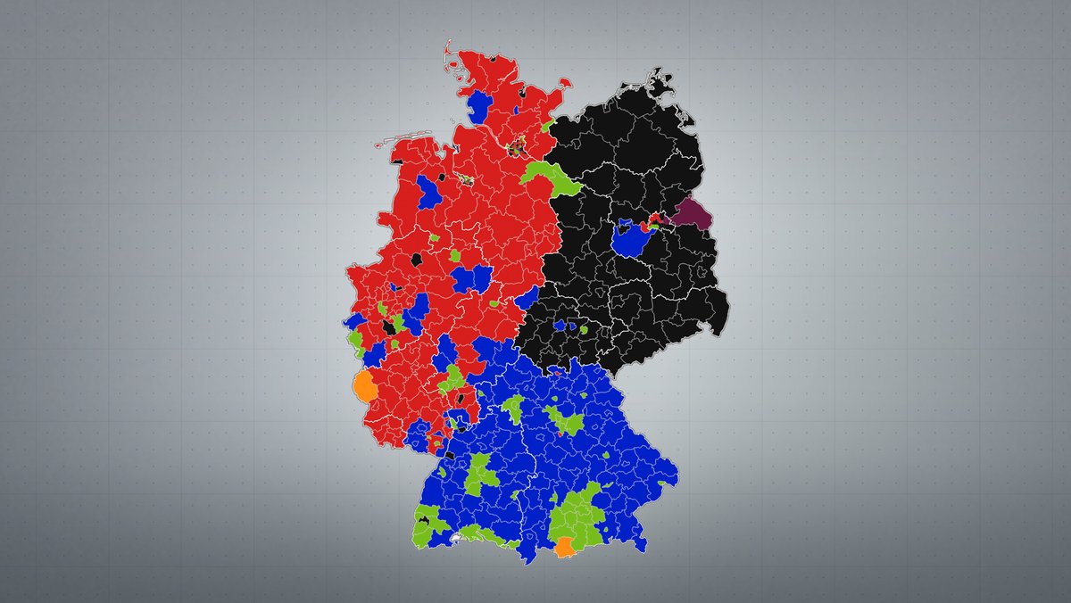 Zweitstärkste Partei: AfD (blau), CSU (dunkelgrau), CDU (schwarz), Güne (grün), SPD (rot), BSW (dunkelviolett), Linke (dunkelrot), FW (orange)