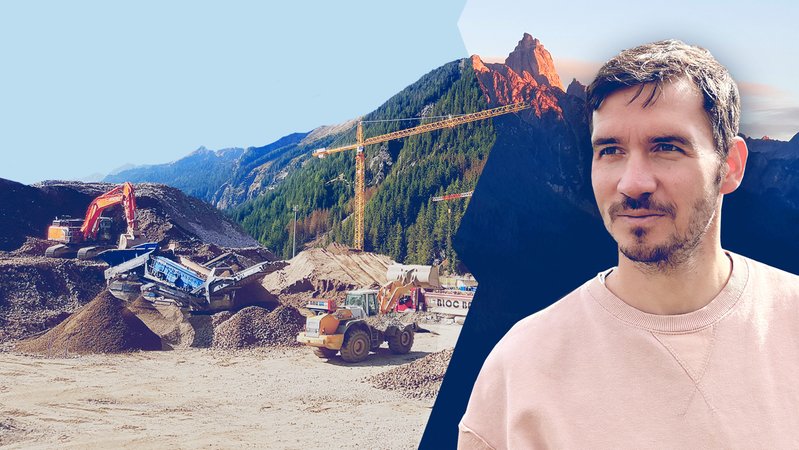 Felix Neureuther steht vor im Bild zweigeteilten Bergpanorama: einmal vor idyllischer Bergspitze im Sonnenuntergang, einmal vor Großbaustelle in den Bergen. | Bild: BR/Robert Grantner, BR/Georg Bayerle; Montage: BR Felix Neureuther steht vor im Bild zweigeteilten Bergpanorama: einmal vor idyllischer Bergspitze im Sonnenuntergang, einmal vor Großbaustelle in den Bergen.