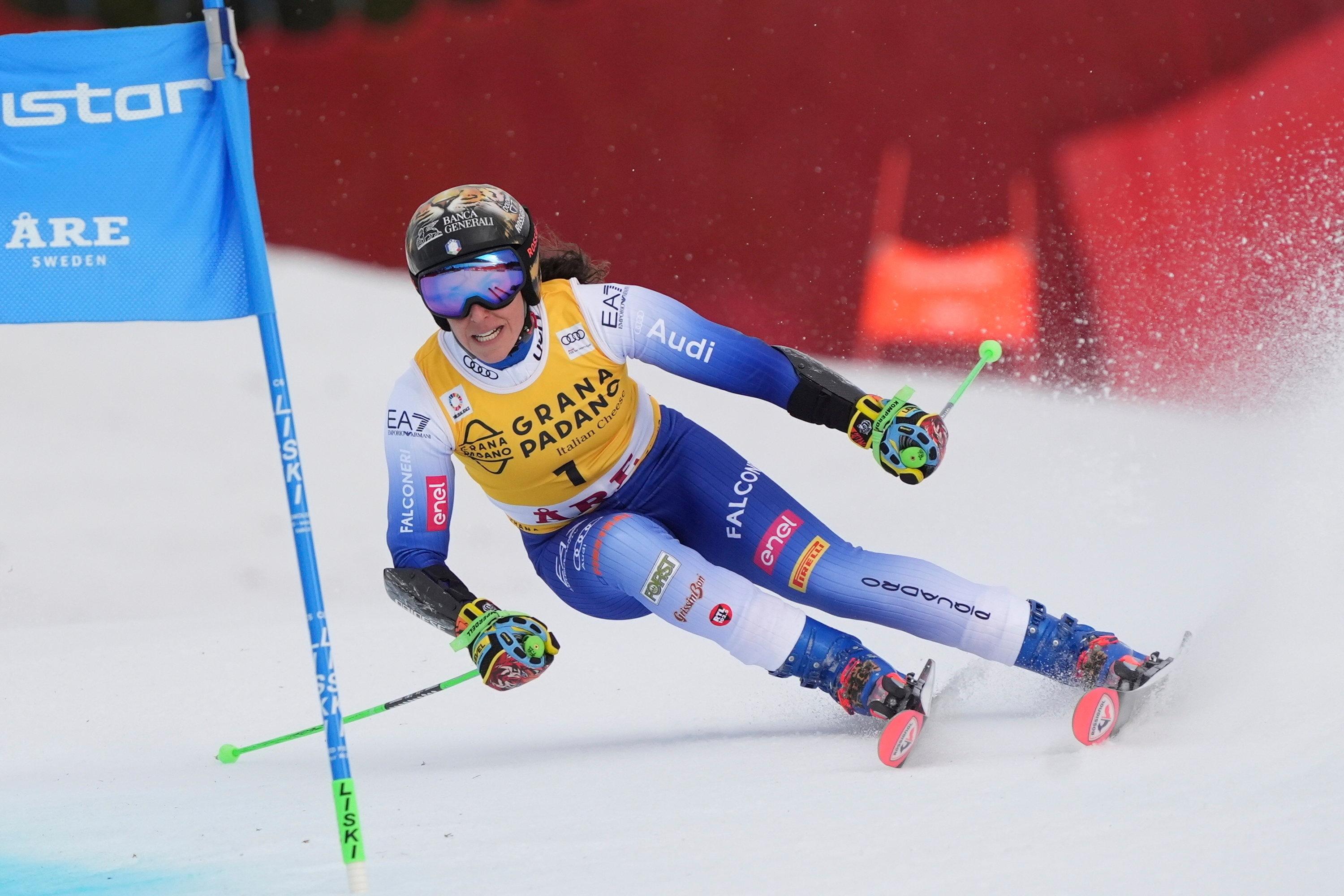 08.03.2025, Schweden, Are: Ski alpin, Weltcup, Riesenslalom, Damen: Die Italienerin Federica Brignone in Aktion. Foto: Giovanni Auletta/AP/dpa +++ dpa-Bildfunk +++