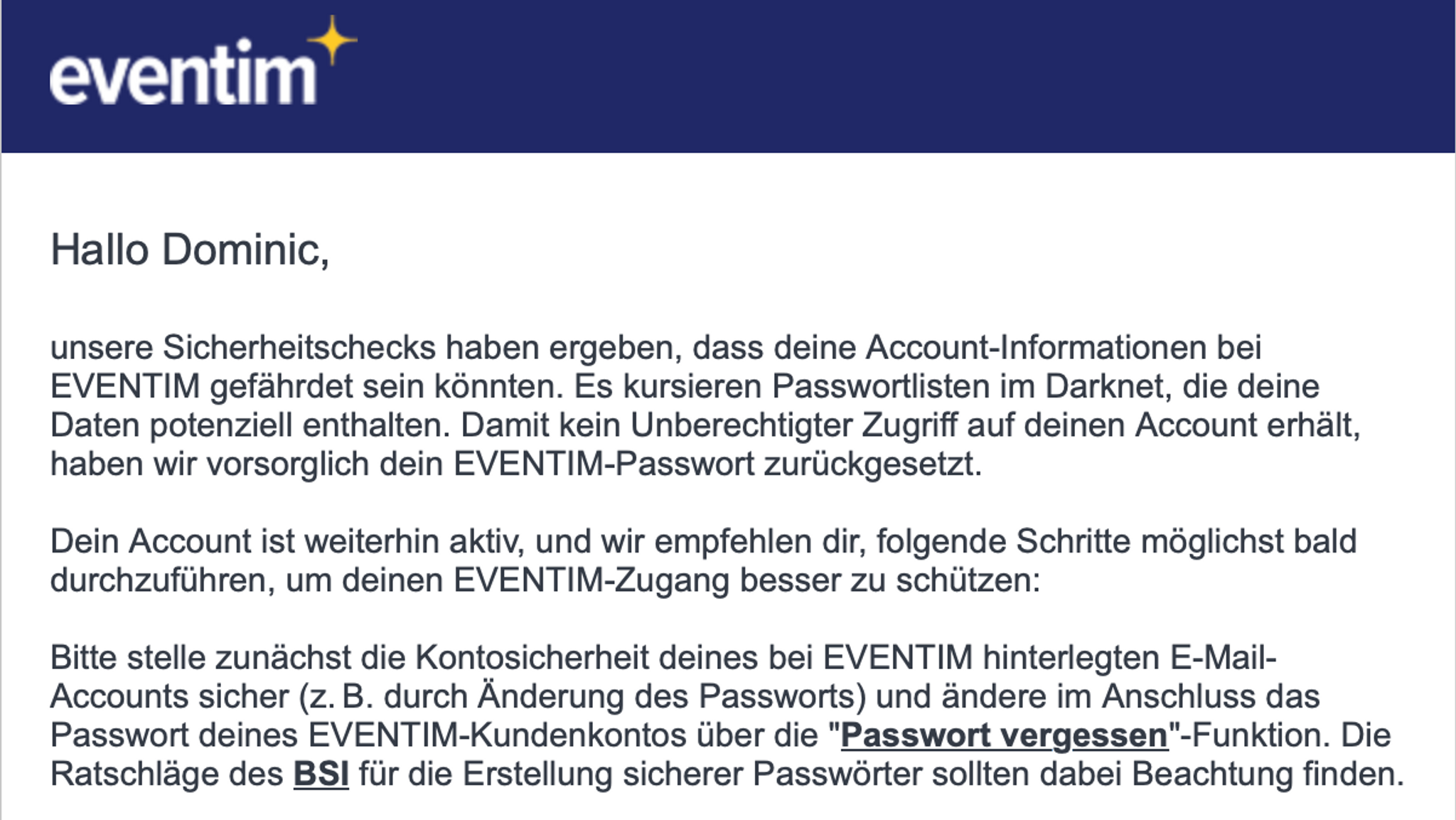 Diese E-Mail verschickte Eventim Montag an viele seiner Kunden.