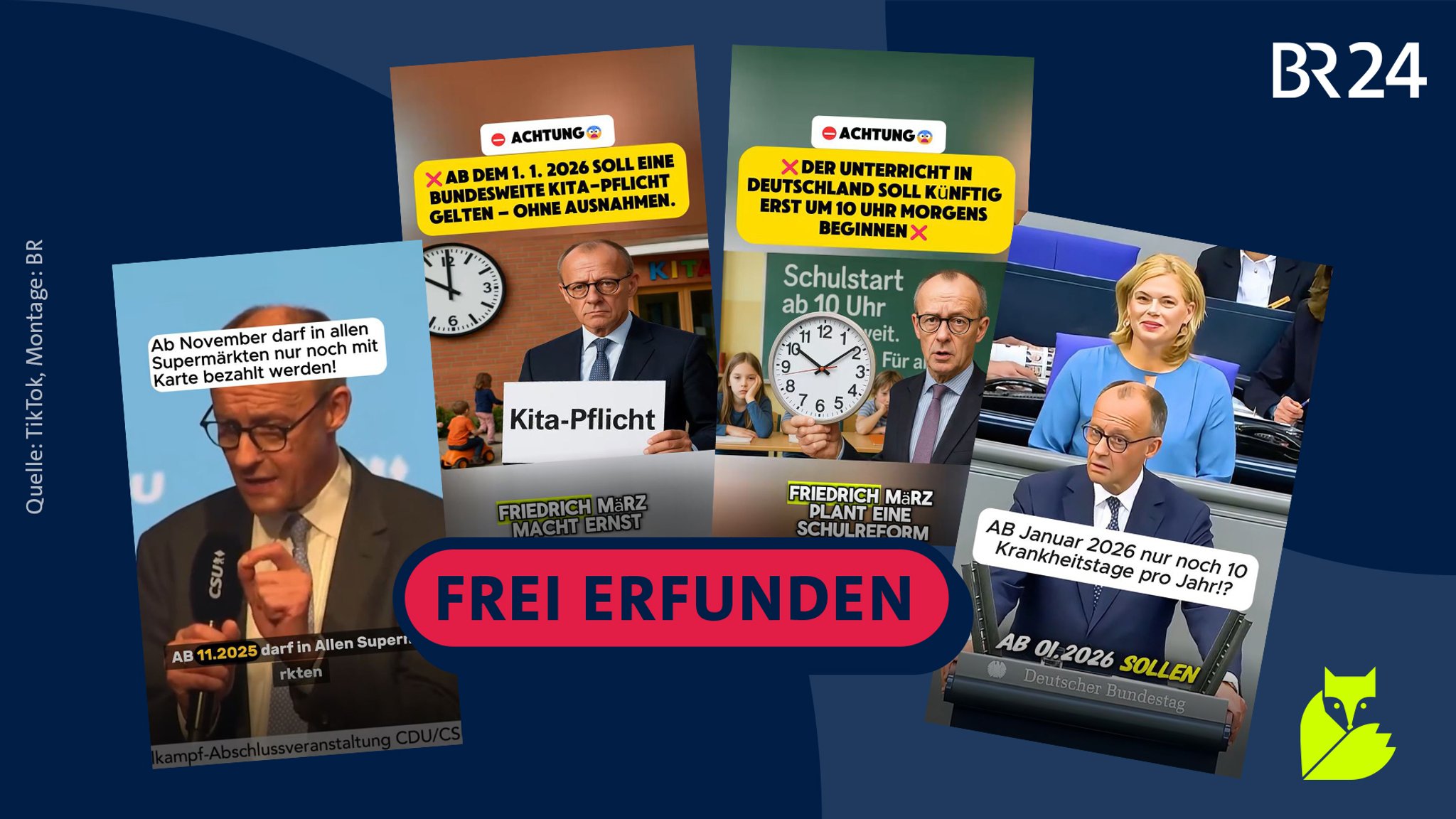 Screenshots von Falschmeldungen auf TikTok mit Captions wie "Ab November darf in allen Supermärkten nur noch mit Karte bezahlt werden!" oder "Der Unterricht in Deutschland soll künftig erst um 10 Uhr morgens beginnen". | Bild: TikTok, Montage: BR Screenshots von Falschmeldungen auf TikTok mit Captions wie "Ab November darf in allen Supermärkten nur noch mit Karte bezahlt werden!" oder "Der Unterricht in Deutschland soll künftig erst um 10 Uhr morgens beginnen".