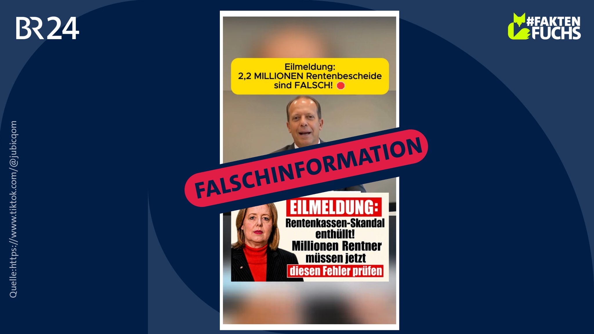 Thumbnail eines TikTok-Videos mit einem Deepfake-Avatar. Überschrift im Video: "Eilmeldung: 2,2 Millionen Rentenbescheide sind FALSCH!" | Bild: tiktok.com/@jubicqom; Collage: BR Thumbnail eines TikTok-Videos mit einem Deepfake-Avatar. Überschrift im Video: "Eilmeldung: 2,2 Millionen Rentenbescheide sind FALSCH!"