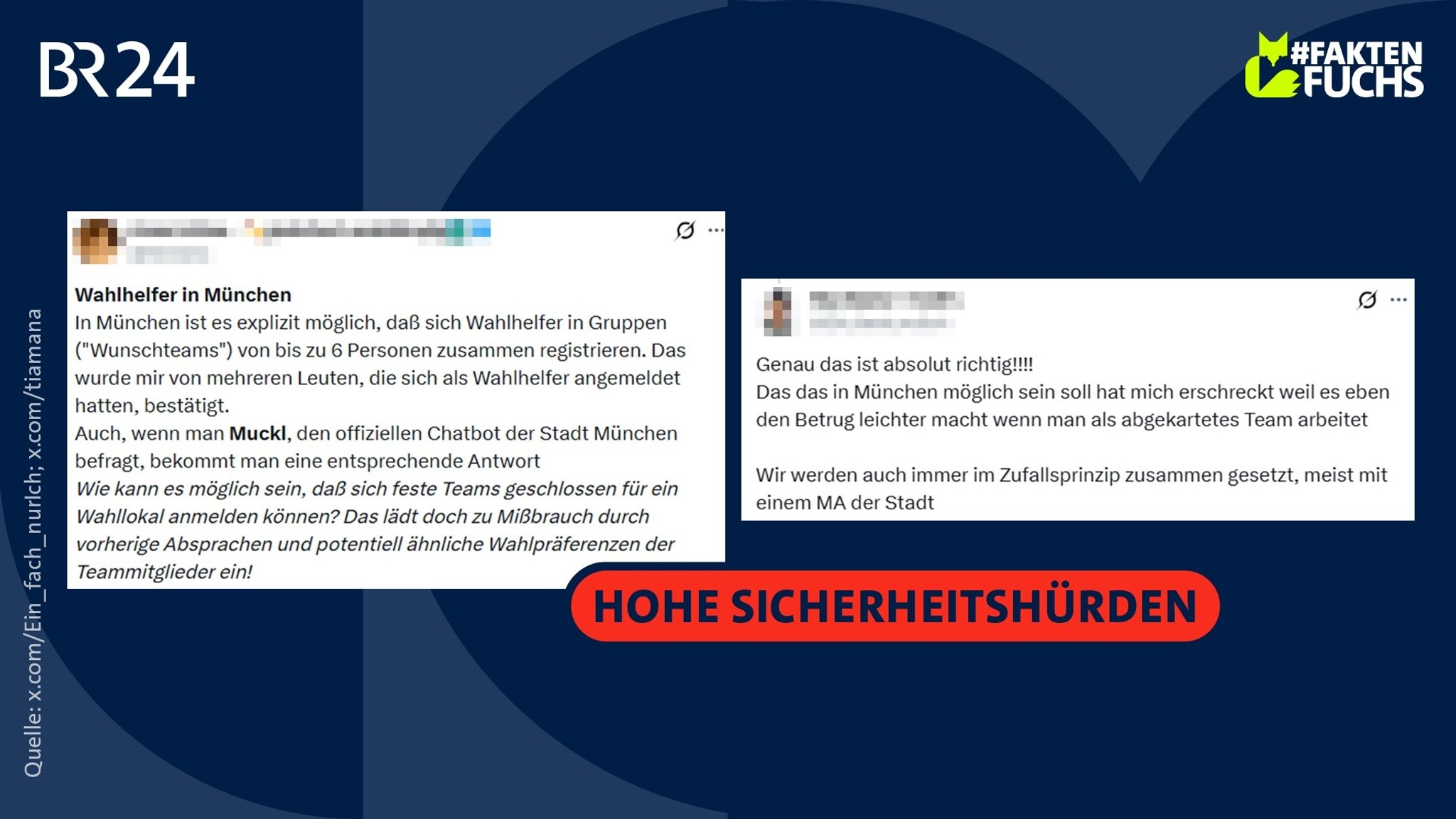Screenshots von Posts auf x.com, darüber der Stempel "Hohe Sicherheitshürden". | Bild: x.com/tiamana; x.com/Ein_fach_nurIch; Montage: BR Screenshots von Posts auf x.com, darüber der Stempel "Hohe Sicherheitshürden".