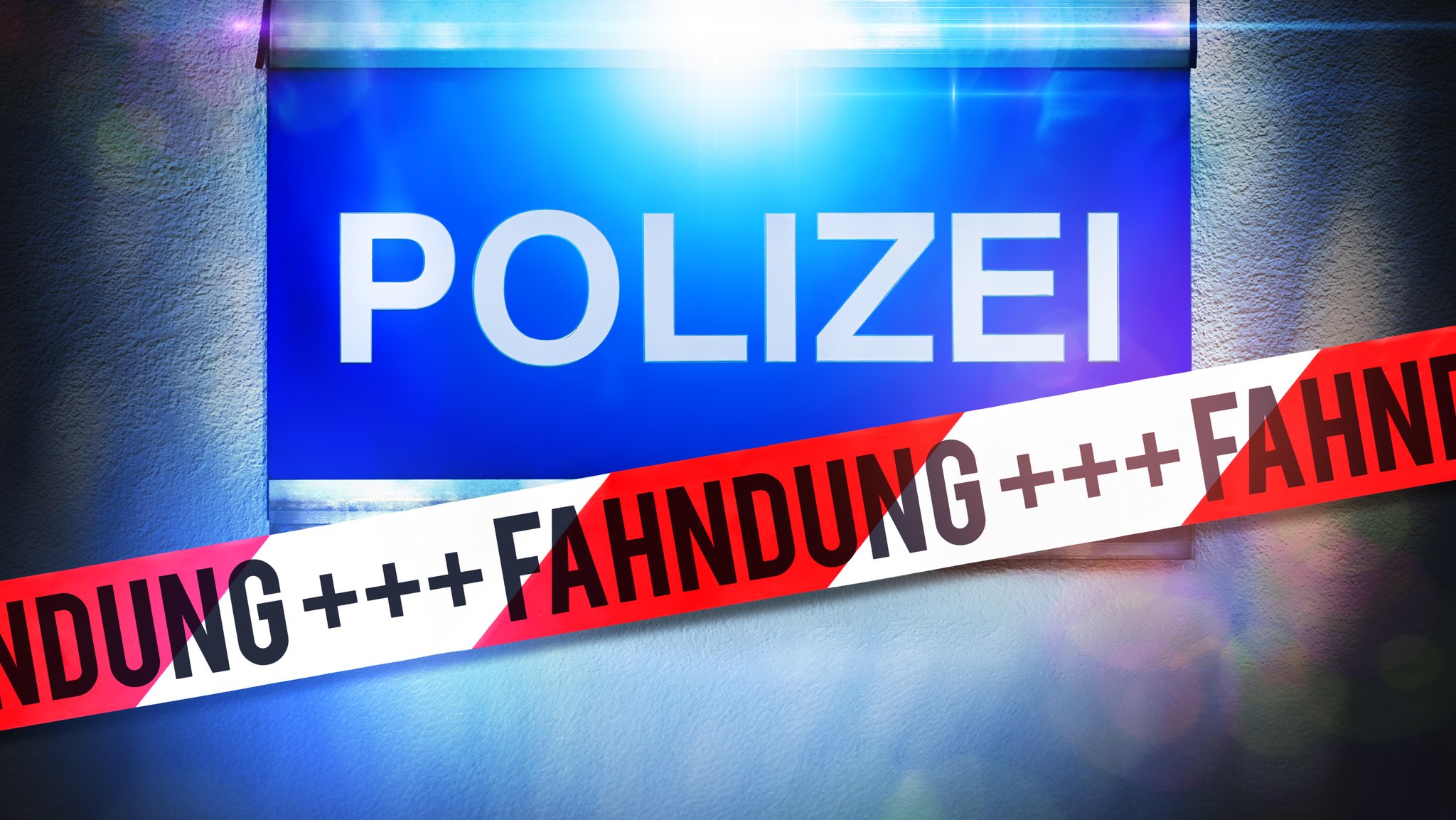 Schild auf dem "Polizei" zu lesen ist und Flatterband mit der Aufschrift "Fahndung"