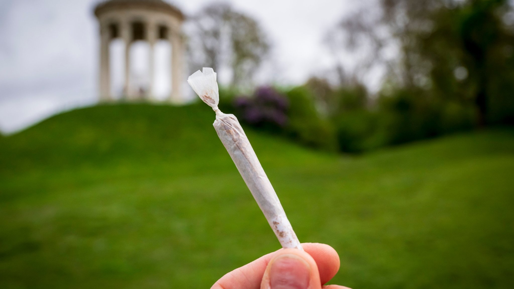 ILLUSTRATION - 10.04.2024, Bayern, München: Ein Mann hält einen Joint vor der Kulisse des Monopteros im Englischen Garten. Seit Ostermontag gelten weite Teile des umstrittenen Cannabisgesetzes. Damit ist fortan für Erwachsene ab 18 Jahren der Besitz von bis zu 25 Gramm Cannabis zum Eigenkonsum erlaubt. In der eigenen Wohnung sollen drei Cannabispflanzen erlaubt sein und bis zu 50 Gramm Cannabis zum Eigenkonsum. Verboten bleibt Kiffen allerdings im öffentlichen Raum unter anderem in Schulen, Sportstätten und in Sichtweite zu solchen Einrichtungen. (zu dpa: «Bayern beschließt Kiff-Verbot für Volksfeste und Biergärten») Foto: Peter Kneffel/dpa +++ dpa-Bildfunk +++