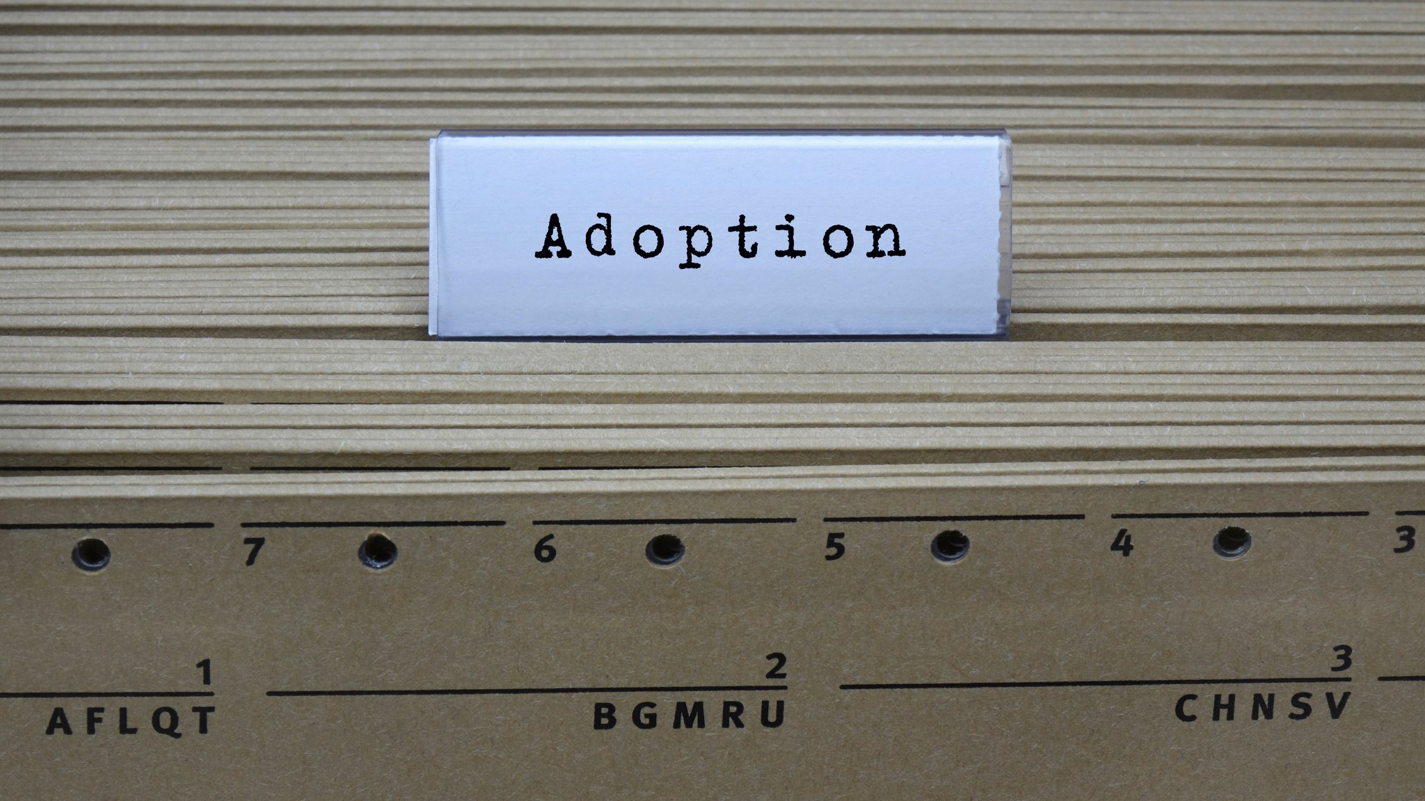 An einem Hängeregister steht der Schriftzug "Adoption"