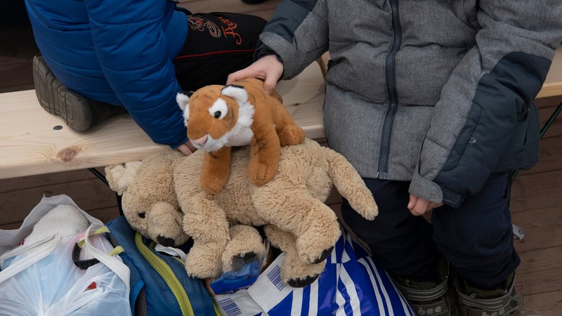 Ukrainische Flüchtlingskinder mit Stofftieren und Gepäck (Symbolbild)