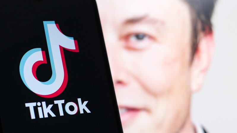 In dieser Fotoillustration ist das TikTok-Logo auf einem Smartphone-Bildschirm zu sehen, während im Hintergrund ein Foto von Elon Musk zu sehen ist. | Bild: Picture Alliance In dieser Fotoillustration ist das TikTok-Logo auf einem Smartphone-Bildschirm zu sehen, während im Hintergrund ein Foto von Elon Musk zu sehen ist.