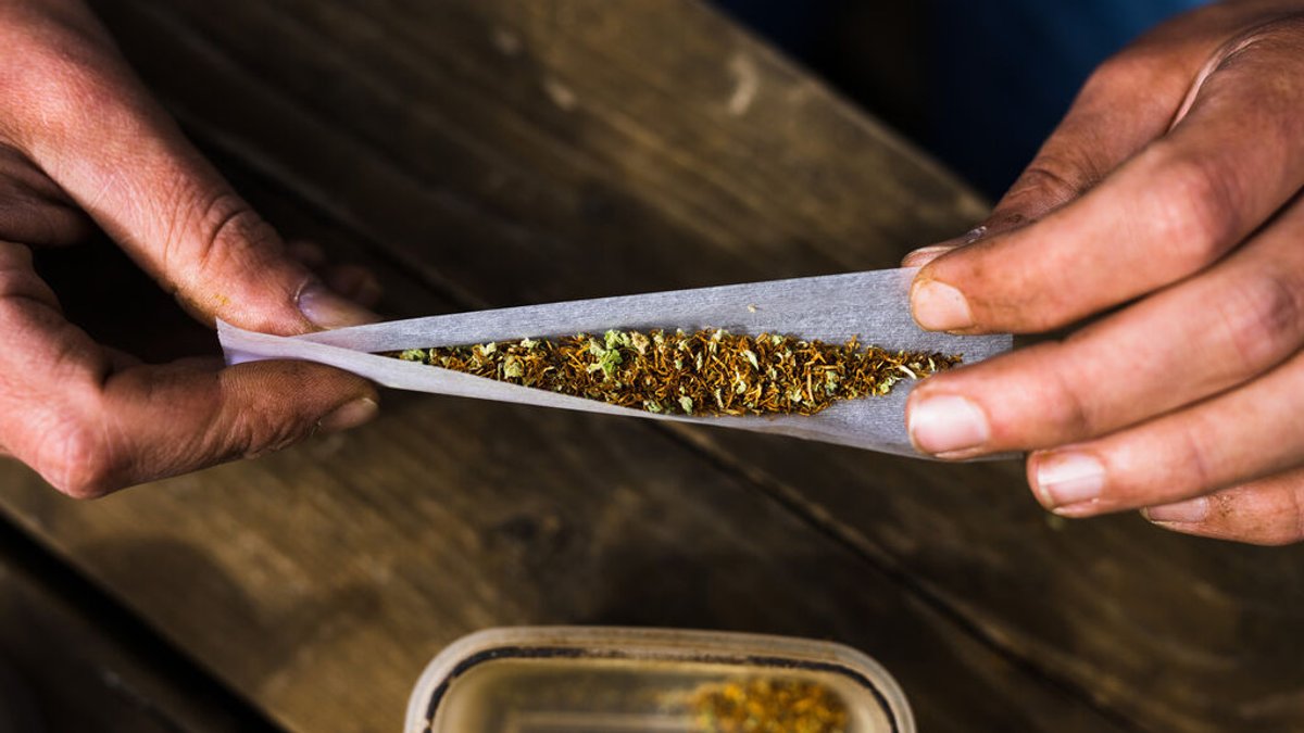 Ein mit Cannabis gefüllter Joint wird von zwei Händen gehalten.