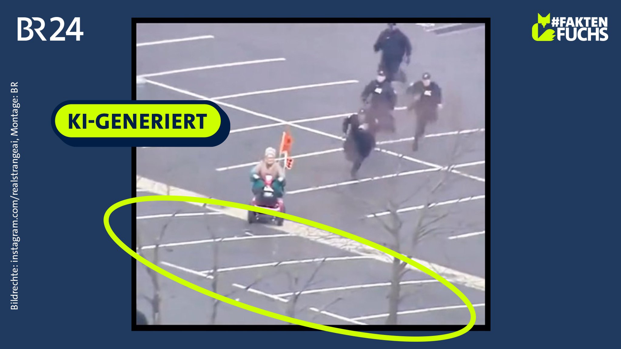 Screenshot eines KI-Videos, auf dem man einen Logik-Fehler des Videos sieht: Auf einem Parkplatz sind drei Parkreihen hintereinander eingezeichnet.