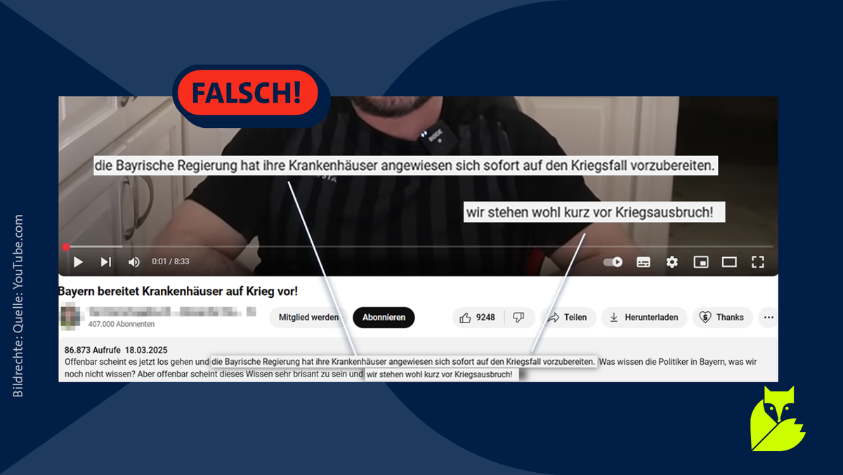 Screenshot eines YouTube-Videos mit dem Titel "Bayern bereitet Krankenhäuser auf Krieg vor!" mit fast 87.000 Aufrufen.