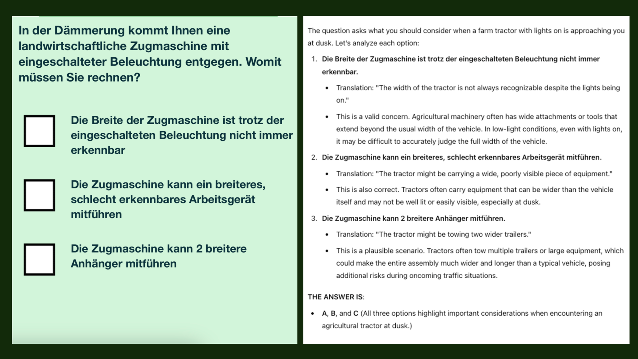 Links die Aufgabe, rechts die Antwort: ChatGPT beim Führerscheintest